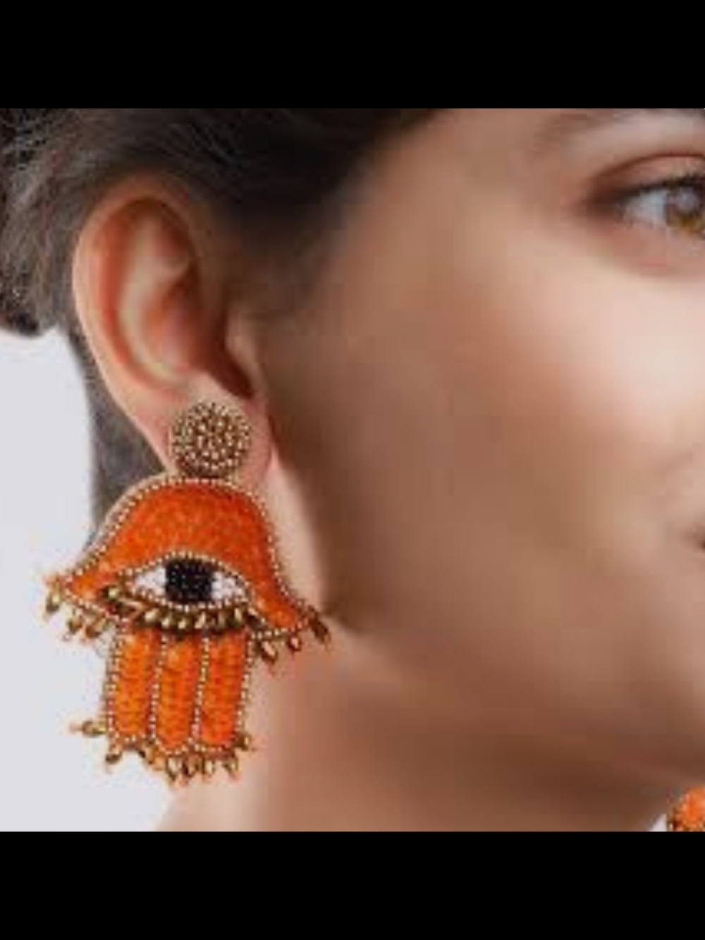 Handcrafted Orange/Gold Beaded Hamsa Eye Drop Earrings - Women Jewelry